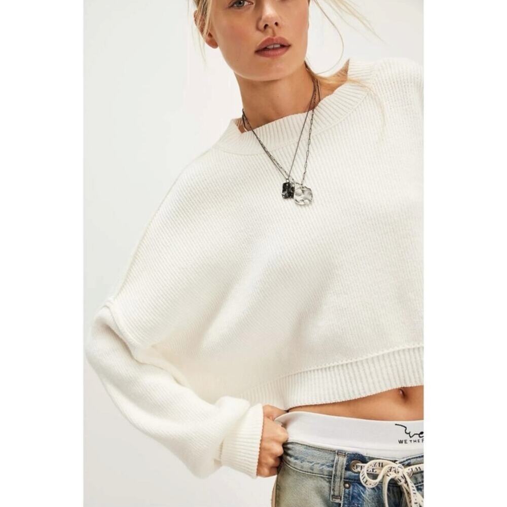 Free People Easy Street Crop Pullover Sweater in White Size Large Preppy Fall - Picture 4 of 16